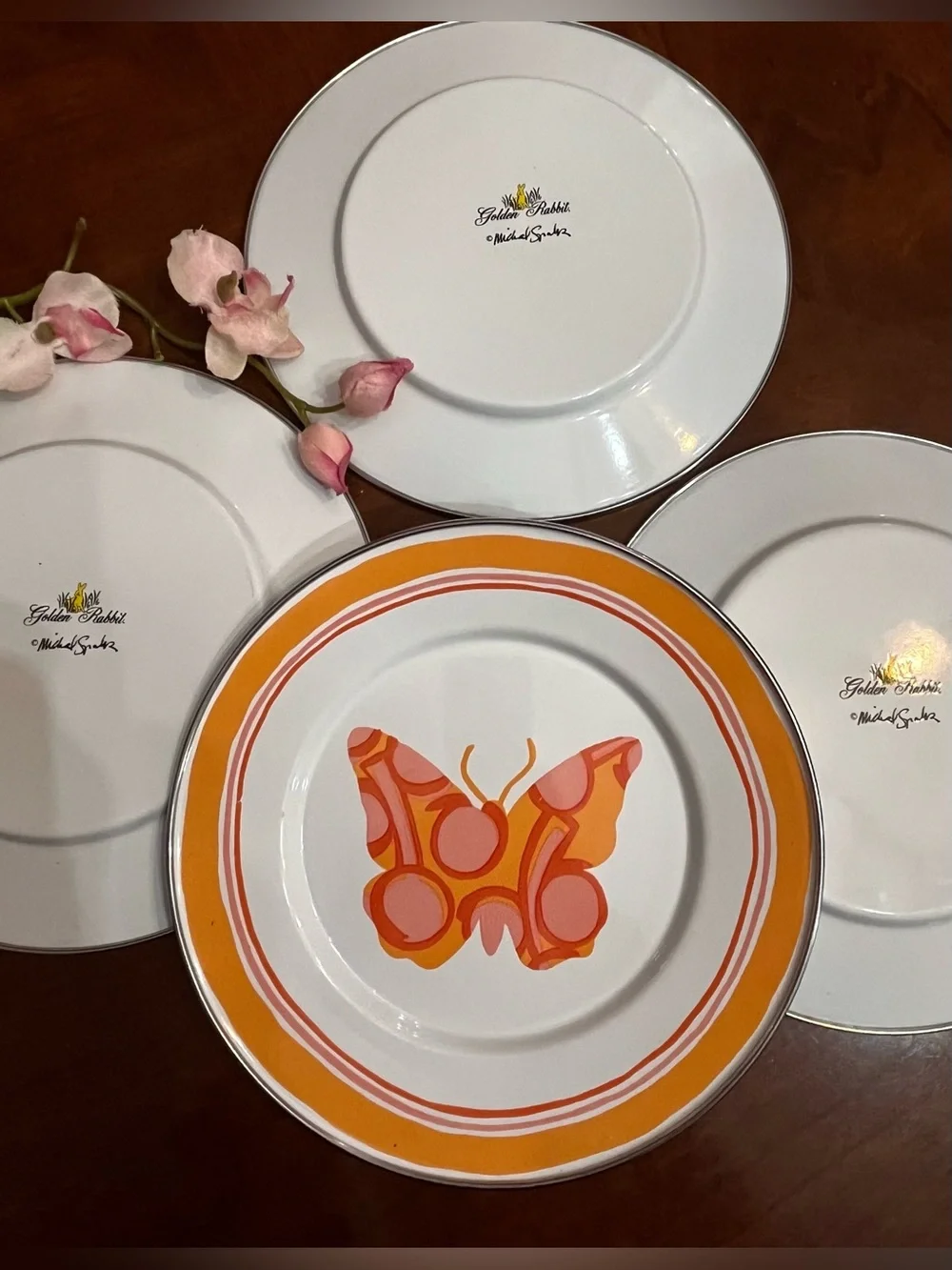 Rare VTG Golden Rabbit Enamelware Butterfly Plates Michal Sparks 4-Set Retro